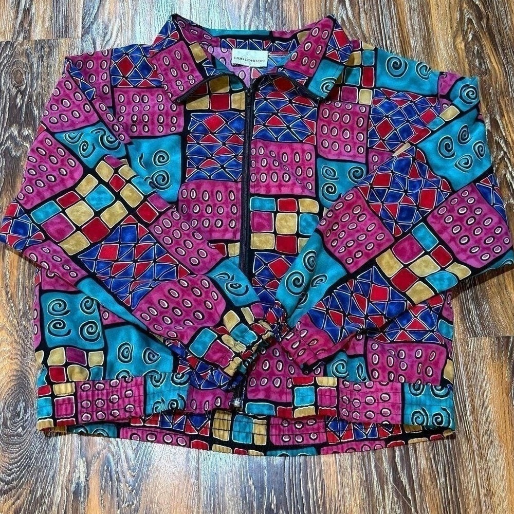 Erin London Vintage Geometric Patchwork Zip Bomber Jacket Multi Color Womens XL
